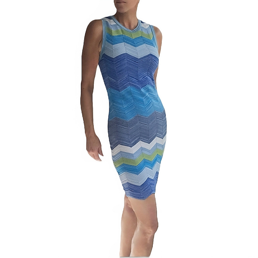 MILLY Zig-Zag Knit Mini Dress In Green / Blue